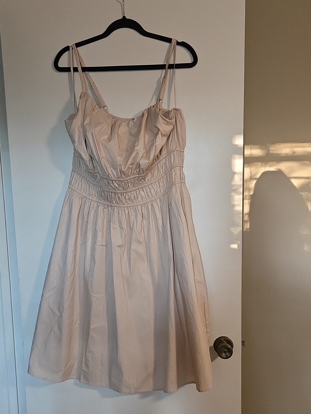 Khaki Midi Sundress with Smocked Waist and Spaghetti Straps